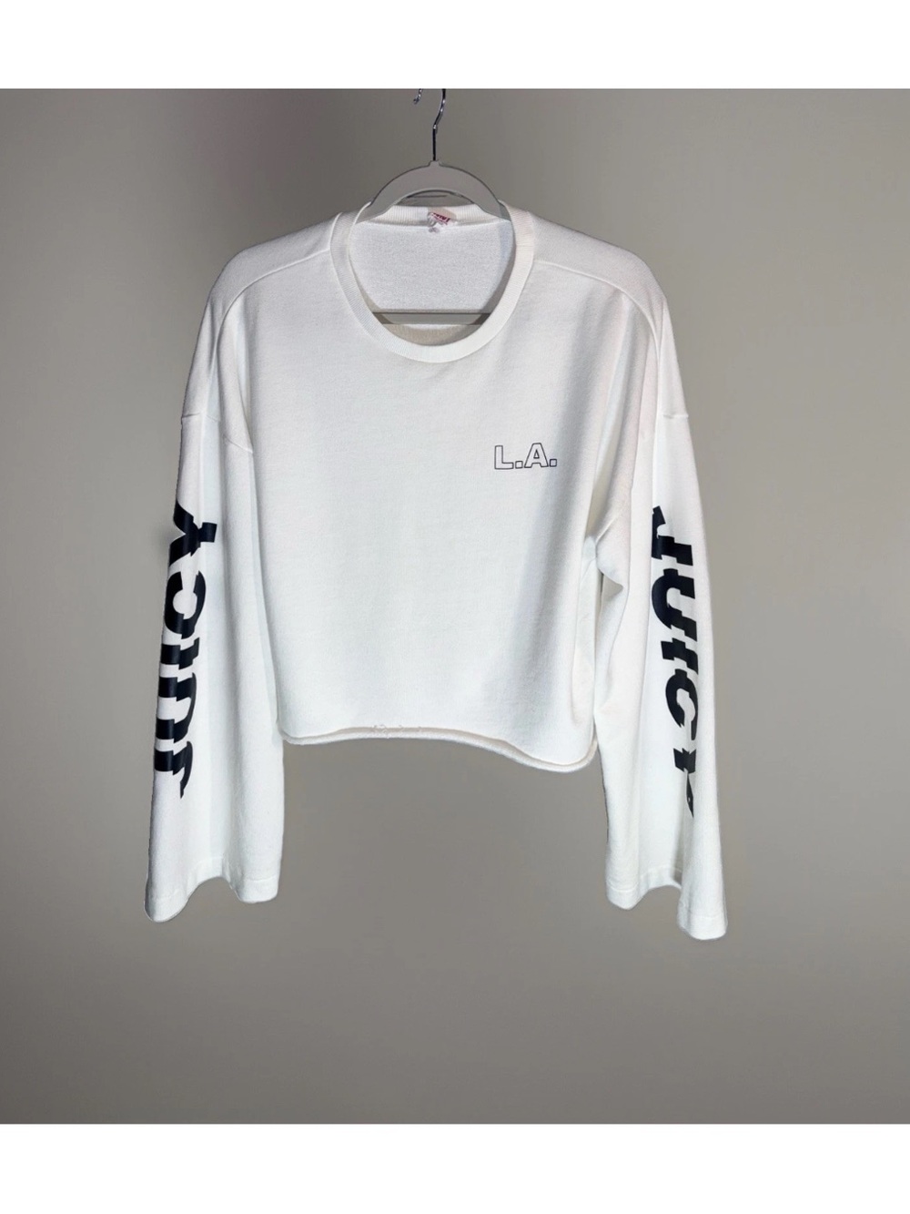 Juicy Couture LA Sweatshirt White LS Logo French Terry Raw Hem Bell Sleeve M